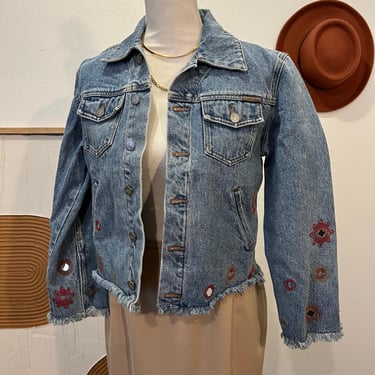 Vintage Y2K 90s Calvin Klein Blue Cotton Denim Embellished Floral Jean Jacket M 