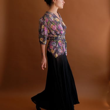 Vintage 40s Floral Sheer Gown with Puff Sleeves and Belt/ 1940s Dress/ Size Large XL 