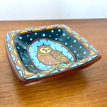 Vintage 1998 Owl Decorative Dish by L. L. Mehlin Colorado Artist Hand Painted Plate Blackware 