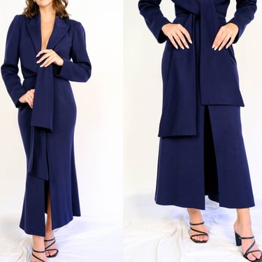 Vintage 80s Claude Montana Navy Blue Wrap Bolero Jacket & High Waisted Skirt Set | Made in Italy | 100% Wool | 1980s Designer Power Suit 