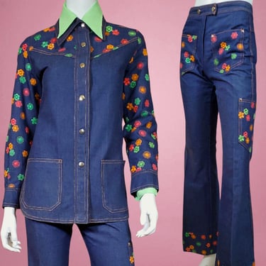1970s flower power suit vintage mod embroidered floral denim pantset chore jacket dagger collar bell bottoms vibrant colors (XS) 