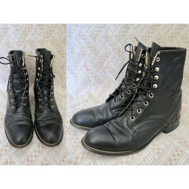 Vintage Black Lace Up Boots - Leather Western Laredo Combat Boot - Punk Gothic - Women's Size 9 