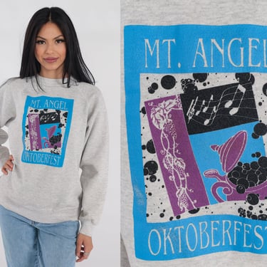 Mt Angel Oktoberfest Sweatshirt 90s Oregon Sweater Beer Grapes Music Note Graphic Shirt Raglan Sleeve Heather Grey Vintage 1990s Large L 