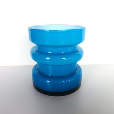 Sculptural Turquoise Blue Cased Glass Vase, Scandinavian Style Hooped Glass Vase, Minimalist Decor 