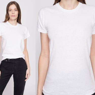 80s Plain White Crew Neck Tee XS to Small | Vintage Unisex Short Sleeve T Shirt 