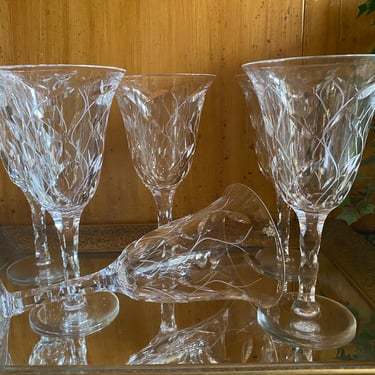 6 Rare & Beautiful English Tudor Goblets~ C. Farquharson,Leaf Cut Crystal Cut Water, Wine Glasses~ Vintage Clear Stemware - Elegant Set of 6 