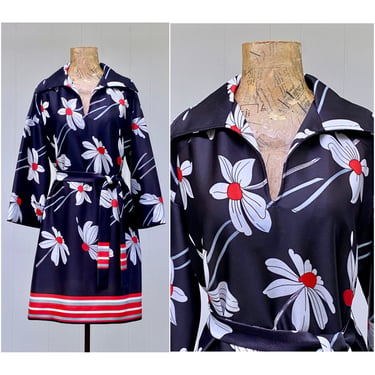 Vintage 1970s Black Daisy Print Day Dress, 70s Boho A-Line Tunic Style Mini Dress. Medium 