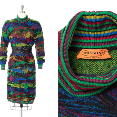Vintage 1980s Sweater Dress | 80s MISSONI Italian Knit Wool Floral Leaf Striped Turtleneck Long Sleeve Warm Cozy Dress (medium/large) 