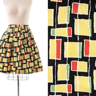 Vintage 1940s Skirt | 40s Geometric Printed Rayon Cotton Black Colorful Pleated Full Swing Skirt (medium) 