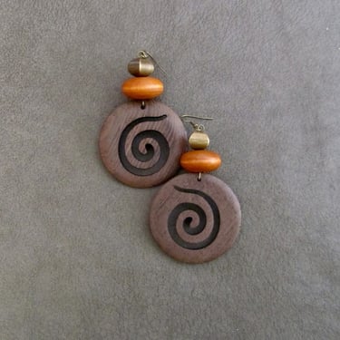 Carved wooden earrings, ethnic earrings, tribal earrings, spiral, orange 