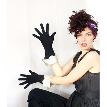 40s Evening Gloves Black w/Cream Satin Scallop Edged Cuffs 