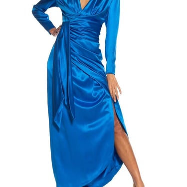 1980S Givenchy Electric Blue Haute Couture Silk Double Faced Satin Sleeved Gown With Slit  Sash 