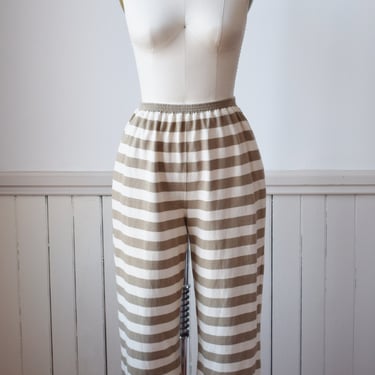 Vintage Striped Cotton Lounge Pants | S | 1980s/1990s Tan and Cream Cotton Knit Pants | Relaxed Fit | Elastic Waist 