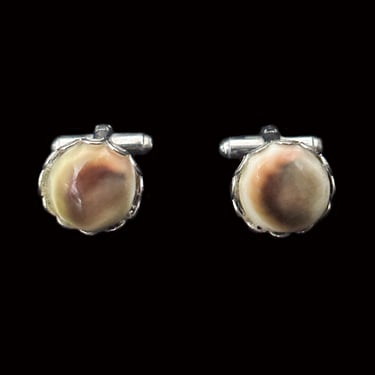 1980s Polished Horn Cuff Links in a Silver Tone Setting | 80s Vintage Round Cream, Brown, and Silver Cufflinks 