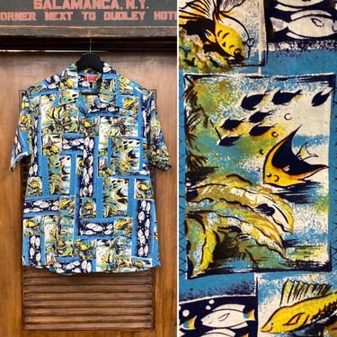Vintage 1940’s “Kahala” Atomic Fish Tiki Cotton Hawaiian Shirt, 1950’s Shirt 
