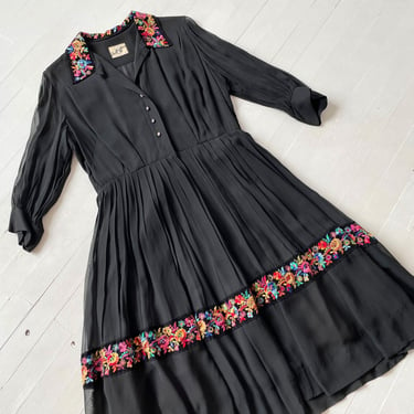 1950s Embroidered Floral Black Chiffon Dress 