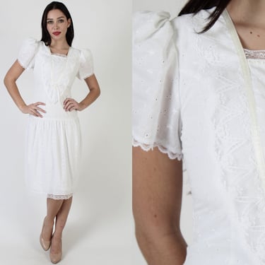 80s White Gunne Sax Dress, Vintage Plain Cut Out Eyelet Material, Simple Floral Lace Bridesmaids Gown 