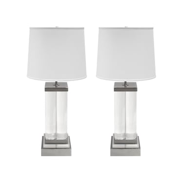 Pair of Stunning Lucite Column Table Lamps on Nickel Bases 1970s