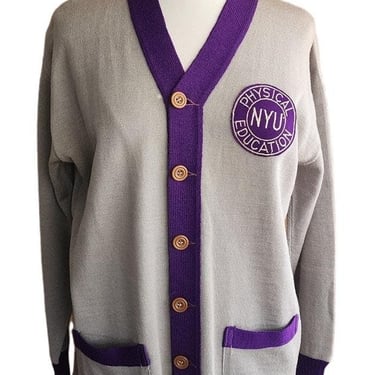 Vintage 40s NYU Mens Cardigan Sweater Purple Gray Physical Education 