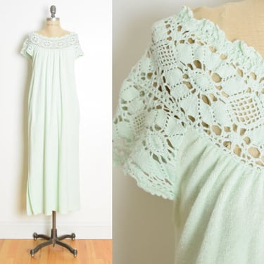 vintage 70s dress mint green terry cloth crochet towel long maxi dress M hippie 