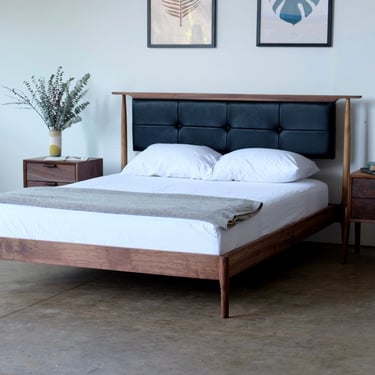 Mid Century Modern Walnut Bed | Solid Walnut Bedrame | Leather Headboard | Modern Platform Bed | Solid Wood Platform Bed 