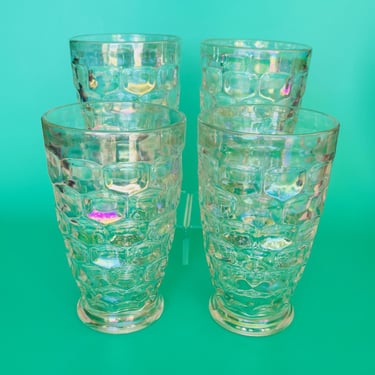 Vintage Set of 4 Federal Glass Iridescent Thumbprint Colonial Yorktown 12 Ounce Tumblers Cocktail Glasses Midcentury 