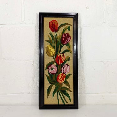 Vintage Flowers Needlepoint Floral Crewel Framed Tulips Kitsch Colorful Wall Hanging Kitschy Flower Tulip Farmhouse Cottage 1970s 