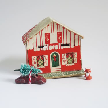 1940s Putz House made in the USA, Red Cardboard Holiday House with Paper Windows, Mid-Century Decoration 
