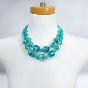VINTAGE 50s Marbled Translucent Turquoise 2 Strand Beaded Necklace | 1950s Mid Century Bubble Gum Bib Necklace | VFG 
