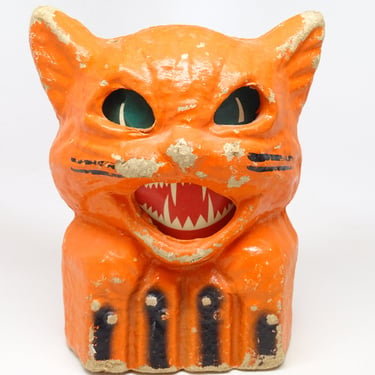 Vintage 1940's Orange Cat on Fence Halloween Lantern, made with Pulp Paper Mache, Retro Decor 