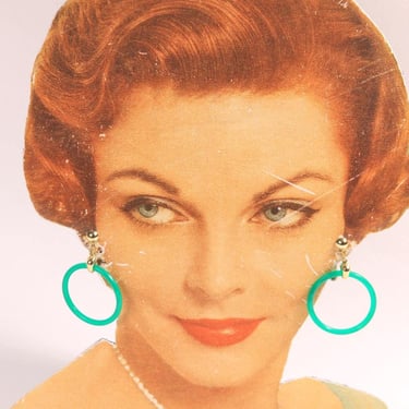 1960s 1970s Teal Blue Green Plastic Hoop Clip On Earrings 