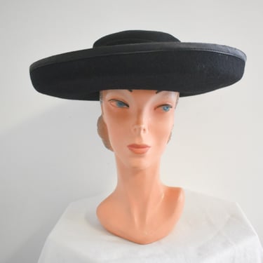 1960s Georgi Black Wide Brim Wool Felt Hat 