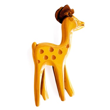 Martha Sleeper Bakelite Deer Brooch, Butterscotch Bakelite Animal Pin Brooc,; Whimsical Martha Sleeper Carved Bakelite Brooch 