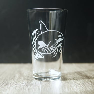 Orca Whale Pint Glass - engraved dishwasher safe barware, recycled glassware available 