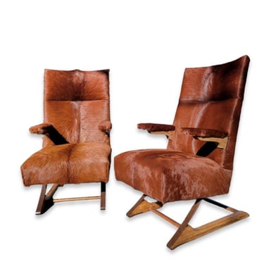 Mid Century Modern Cantilever Rockers Newly Upholstered in a Brazilian Cowhide - Pair