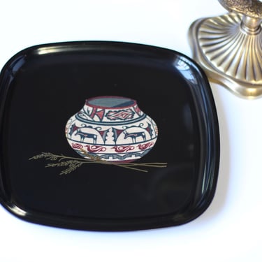 Vintage Couroc of Monterey Black Lacquer Tray with Native American Indian Pottery Brass and Wood Inlay - Rounded Square 