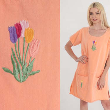 Tulip Dress 90s Floral Embroidered Mini Dress Peach Orange Tent Short Sleeve Pockets Retro Shift Loose Beach Day Vintage 1990s Medium M 