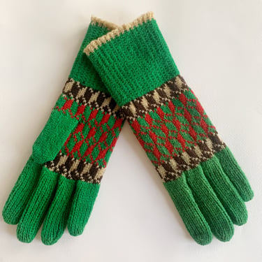 Deadstock 1940s Knit Wool Gloves - Green and Red - Size S Narrow