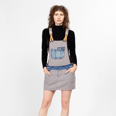 Med-Lrg Y2K Railroad Striped Denim Convertible Overall Mini Dress | Vintage D Stiag Low Rise Skirt Cross Back Suspender Pinafore 