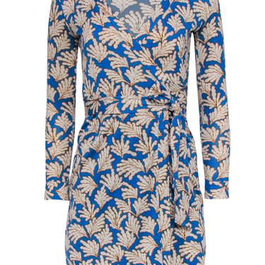 Diane von Furstenberg - Blue &amp; Mustard Leaf Print Silk Wrap Dress Sz 0