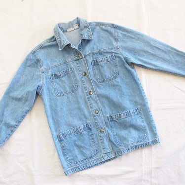 90s Denim Chore Cost M - Vintage 1990s Blue Jean Chore Jacket - Barn Jacket - 4 Pocket Simple Minimal Denim Collared Jacket 
