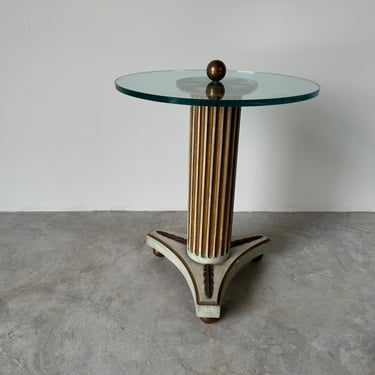 Hollywood Regency Carved Wood Column & Brass Ball  Feet Side  Table 