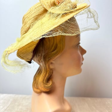 1930’s woven straw halo brim hat~ netted veil Natural straw yellow hue with brown flowers~ sheer layered sunhat Antique 1930’s As-seen 