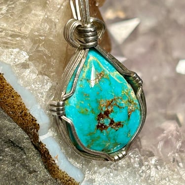 Vintage Handmade Pendant Turquoise Pyrite Gold Flecks Silver Wire Wrapped 