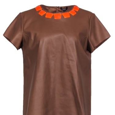 Raoul - Brown Leather Short Sleeve Top w/ Orange Gem Collar Sz XL