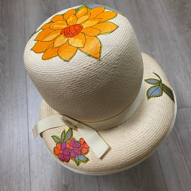 1960s straw hat, applique, vintage 60s hat, wide brim, mod, sally victor, floral hat, summer wedding, 1960s millinery, mrs maisel style 