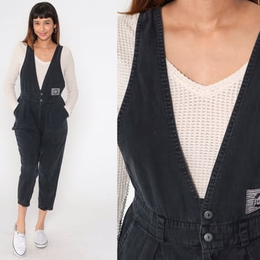 90s Black Jumpsuit Deep V Neck Suspender Pants Pantsuit Overalls Sleeveless Romper Summer Vintage 1990s Elastic Waist Cotton Medium 