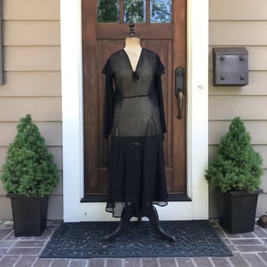 French Black Chiffon Dress, Great War Period Formal Evening Dress, Sheer, Damages 