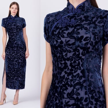 Vintage Blue Velvet Burnout Cheongsam Dress, Deadstock - XS, Small, Medium | Chinese Silk Rayon Formal Maxi Side Slit Qipao 