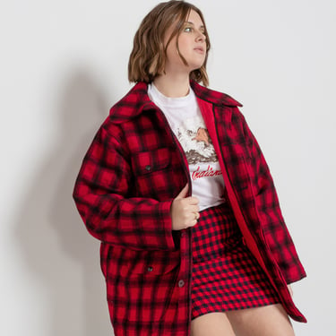 PLAID WOOLRICH COAT Vintage Wool Plaid Red Black Hunters Coat Sporty Winter Jacket Womens 90's Oversize / Large Extra Large 